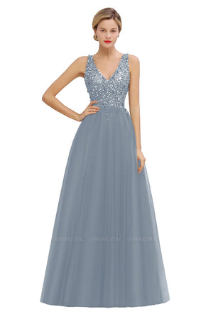 Glamorous V-Neck Sleeveless Long Tulle Evening Gown With Crystals
