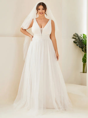 Backless A Line Sleeveless Wedding Dress with Deep V Neck