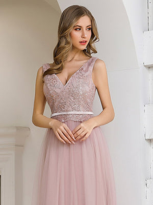 Double V Neck Tulle Bridesmaid Dress