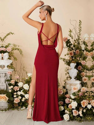Draped Crisscross Backless Split Thigh