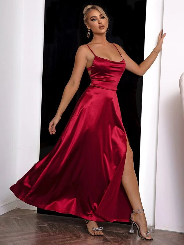 Lexi Lace Up Backless Split Thigh Draped Collar Cami Dress