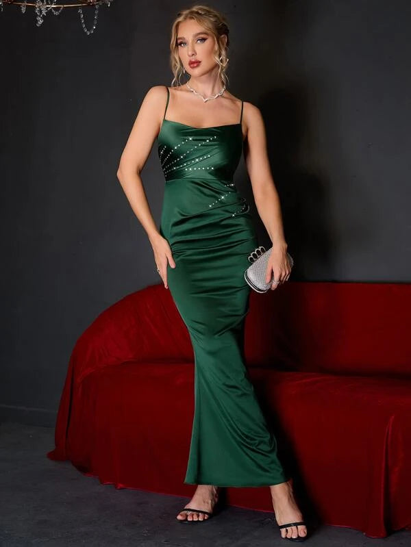 Parker Rhinestone Detail Ruched Side Mermaid Hem Cami Dress