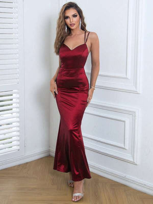 Lace Up Backless Mermaid Hem Satin Cami Evening Dress