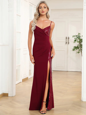 Ava Deep V Neck Spaghetti Straps Split A Line Evening Dress