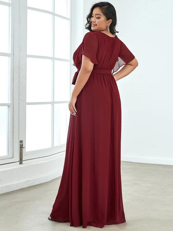 Sandie A Line Dress with Deep V Neck Ruffles