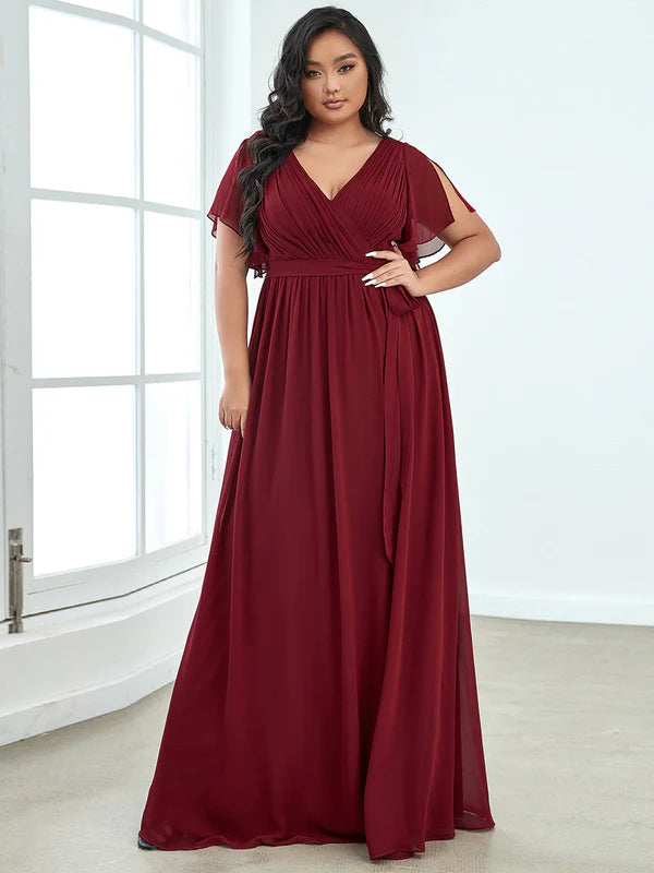 Sandie A Line Dress with Deep V Neck Ruffles