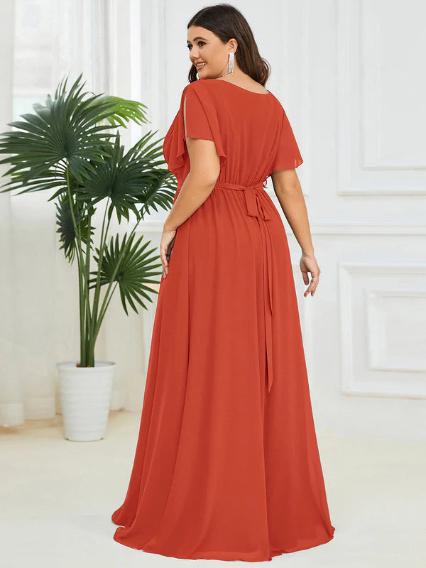 Sandie A Line Dress with Deep V Neck Ruffles