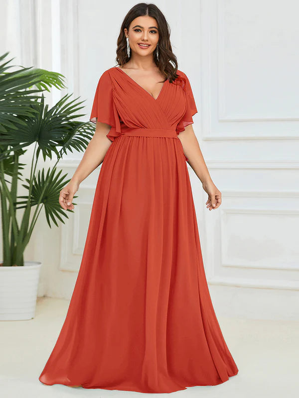 Sandie A Line Dress with Deep V Neck Ruffles
