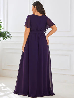 Sandie A Line Dress with Deep V Neck Ruffles