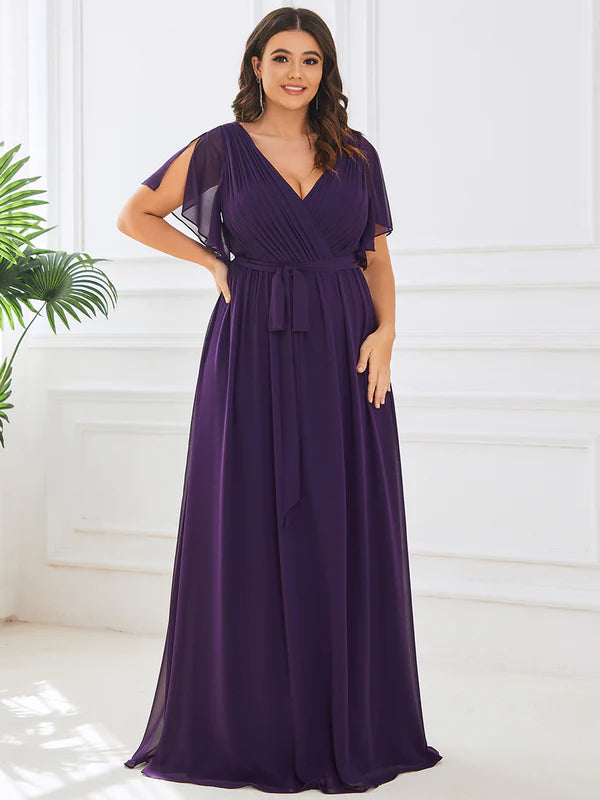Sandie A Line Dress with Deep V Neck Ruffles