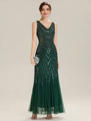 Carolina fish tail Beaded V-Neck dress