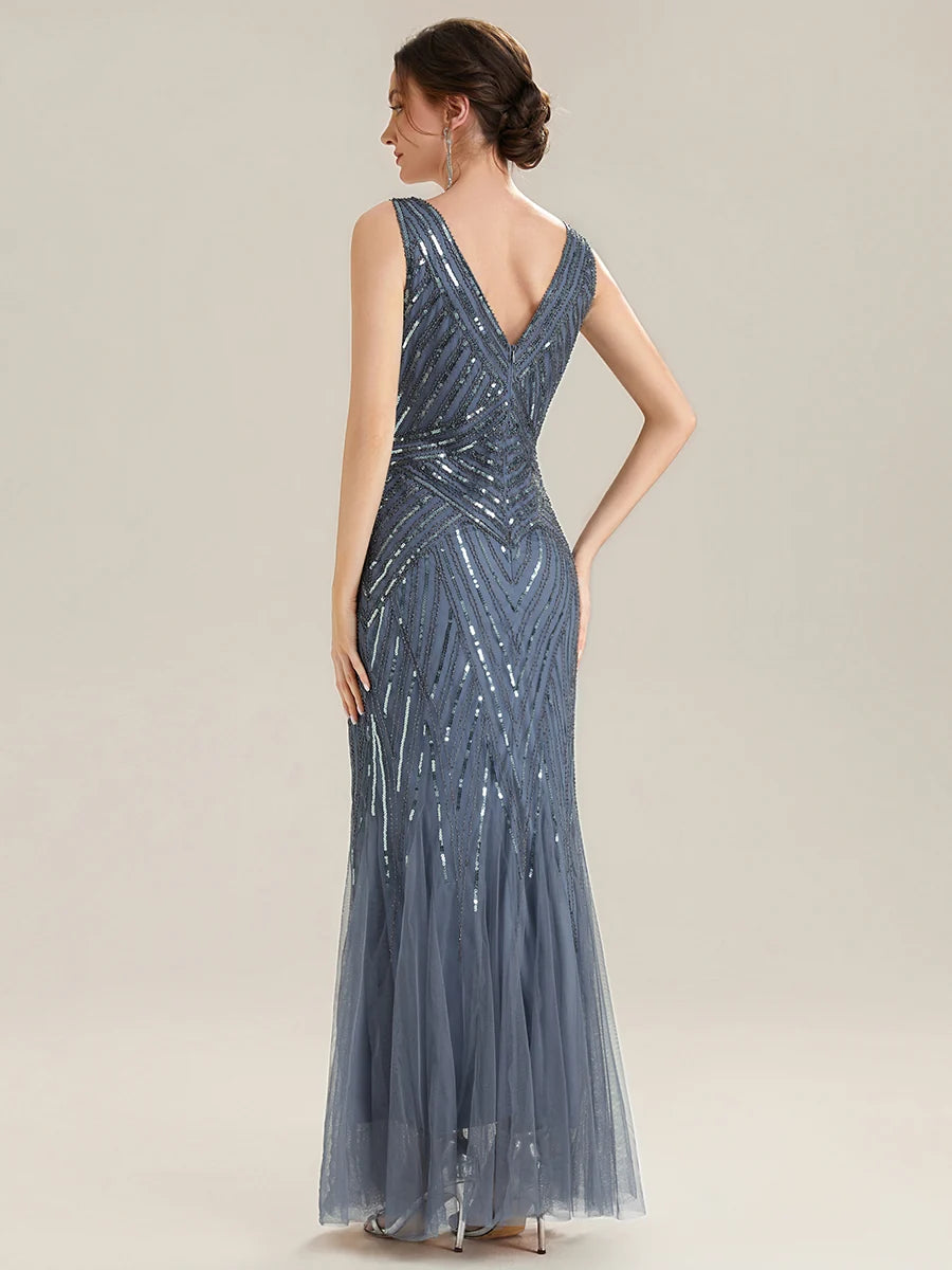 Carolina fish tail Beaded V-Neck dress