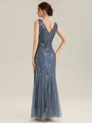Carolina fish tail Beaded V-Neck dress