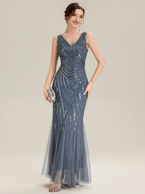 Carolina fish tail Beaded V-Neck dress