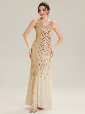 Carolina fish tail Beaded V-Neck dress
