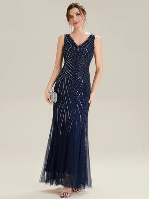 Carolina fish tail Beaded V-Neck dress