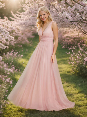 Becky A Line Sleeveless Wedding Dress with Deep V Neck