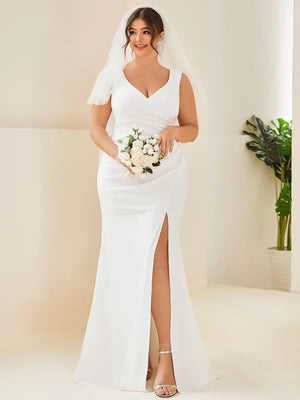 Deep V Neck Fishtail Sleeveless Split Wedding Dresses