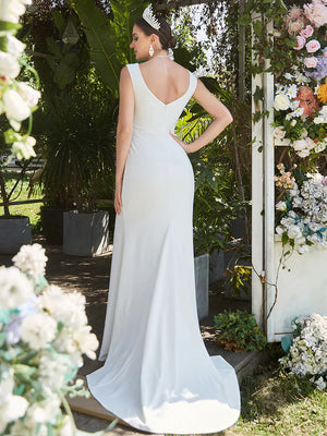 Deep V Neck Fishtail Sleeveless Split Wedding Dresses