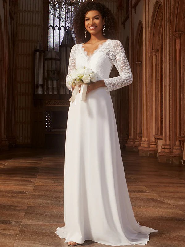 Elegant Hollow Lace V Neck Wedding Dress