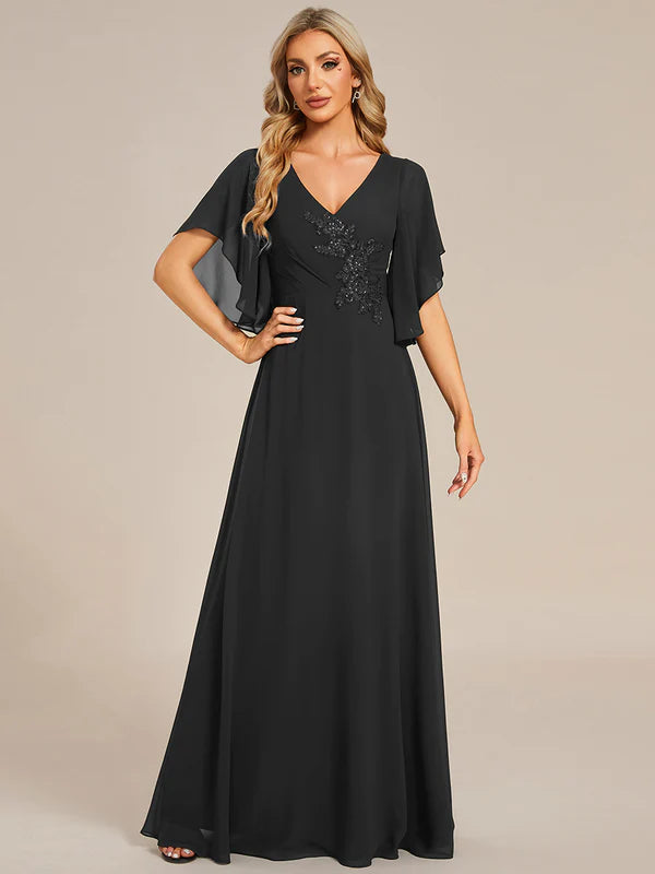 Avery Long Chiffon Floral Embroidery Evening Dress