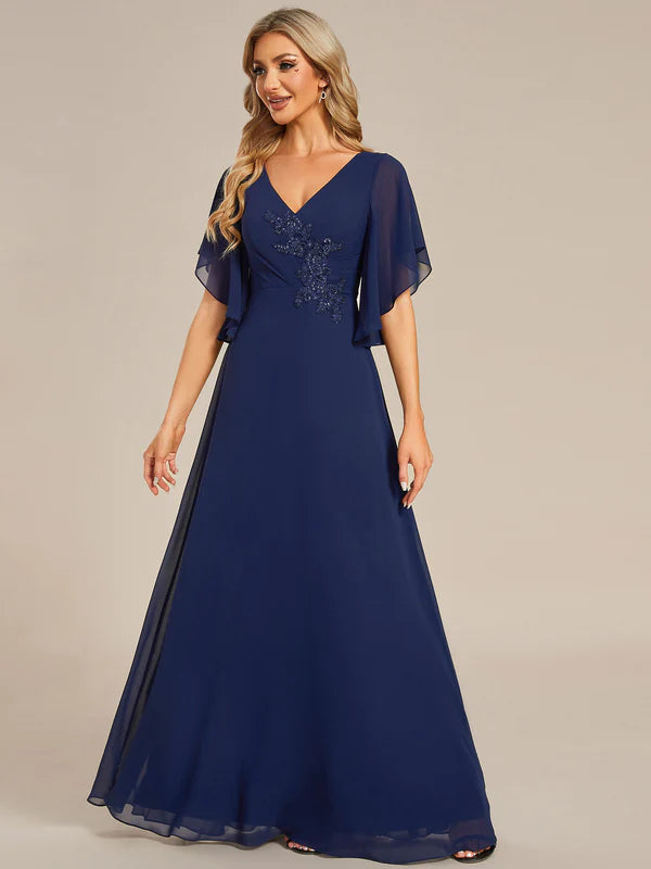 Avery Long Chiffon Floral Embroidery Evening Dress