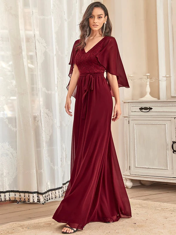 Sandy Deep V Neck Evening Dress with Lace