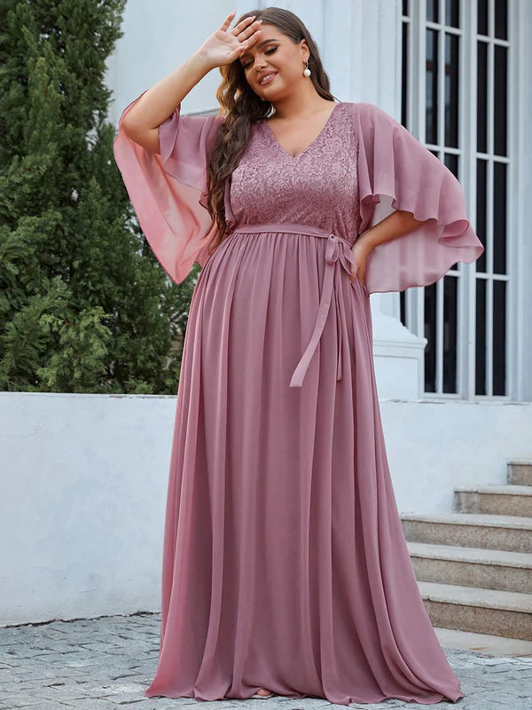 Sandy Deep V Neck Evening Dress with Lace