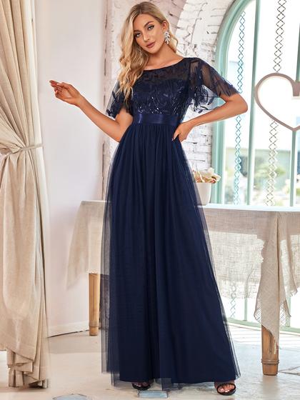 Lulu Sequin Print Maxi Long Evening Dresses with Cap Sleeve
