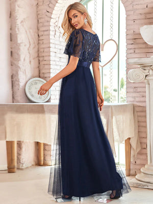Lulu Sequin Print Maxi Long Evening Dresses with Cap Sleeve