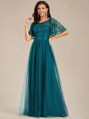 Lulu Sequin Print Maxi Long Evening Dresses with Cap Sleeve