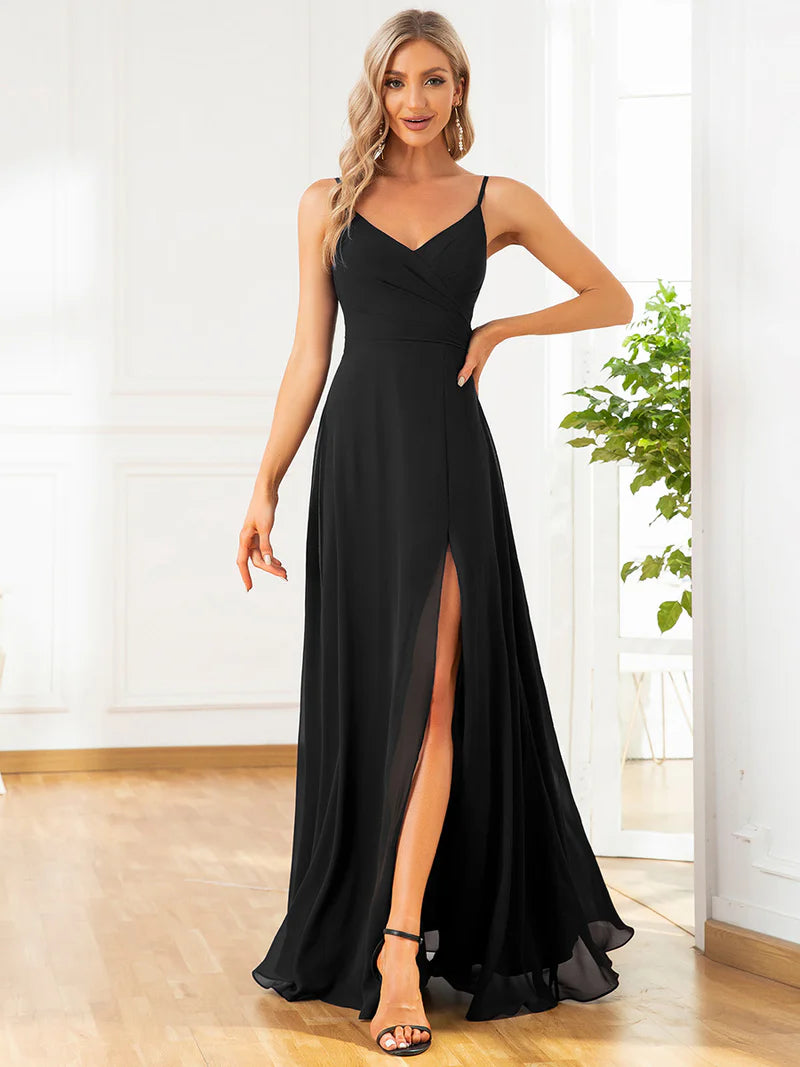 black bridesmaid dress nz Black Satin Convertible Slit Floor Length Bridesmaid Dresses Black / 2X / N20