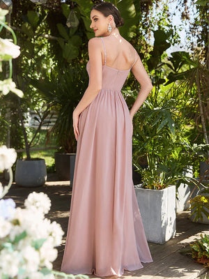 Sleeveless V Neck Bridesmaid Dress with Spaghetti Straps