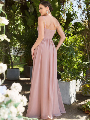 Sleeveless V Neck Bridesmaid Dress with Spaghetti Straps