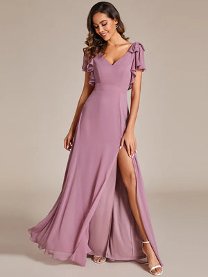 Amy Ruffle Sleeves V-neck Chiffon Dress