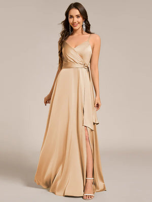 Olive Split Satin Bridesmaid Dress with Streamer