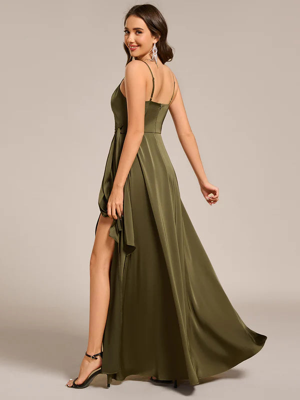 Olive Split Satin Bridesmaid Dress with Streamer