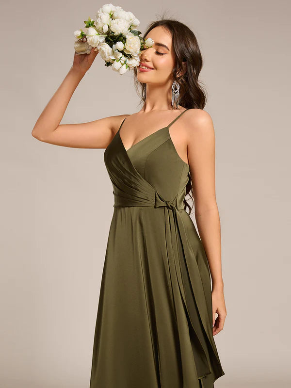 Olive Split Satin Bridesmaid Dress with Streamer - Bella Bridesmaids Olive Split Satin Bridesmaid Dress with Streamer - Bella Bridesmaids
