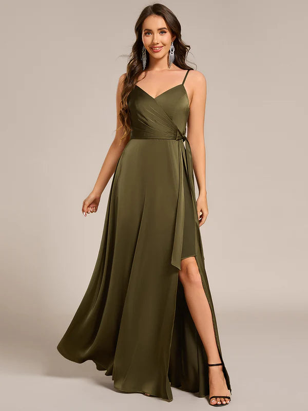Olive Split Satin Bridesmaid Dress with Streamer