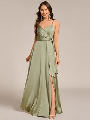 Olive Split Satin Bridesmaid Dress with Streamer