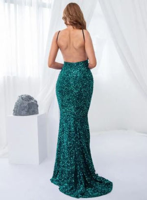 Deep V Neck Sequin Mermaid Maxi Dress Backless