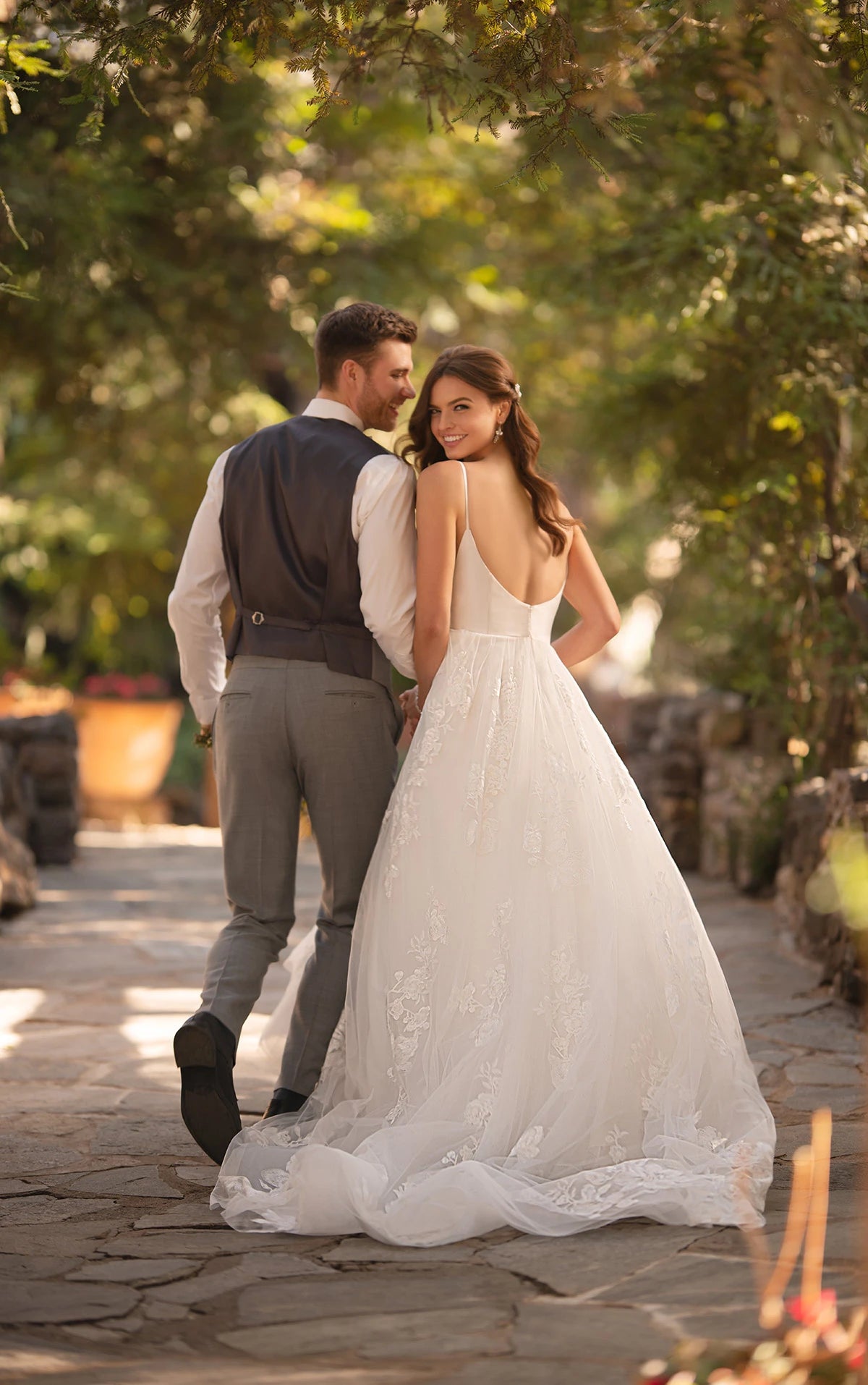 V NECK BALLGOWN WEDDING DRESS WITH FLORAL TULLE SKIRT