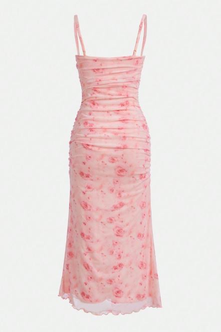 Girls Flower Pattern Mesh Pleated Cami Dress