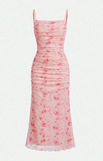 Girls Flower Pattern Mesh Pleated Cami Dress