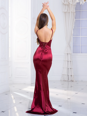 Mermaid Satin Dress with Lace Up back and Front Slit