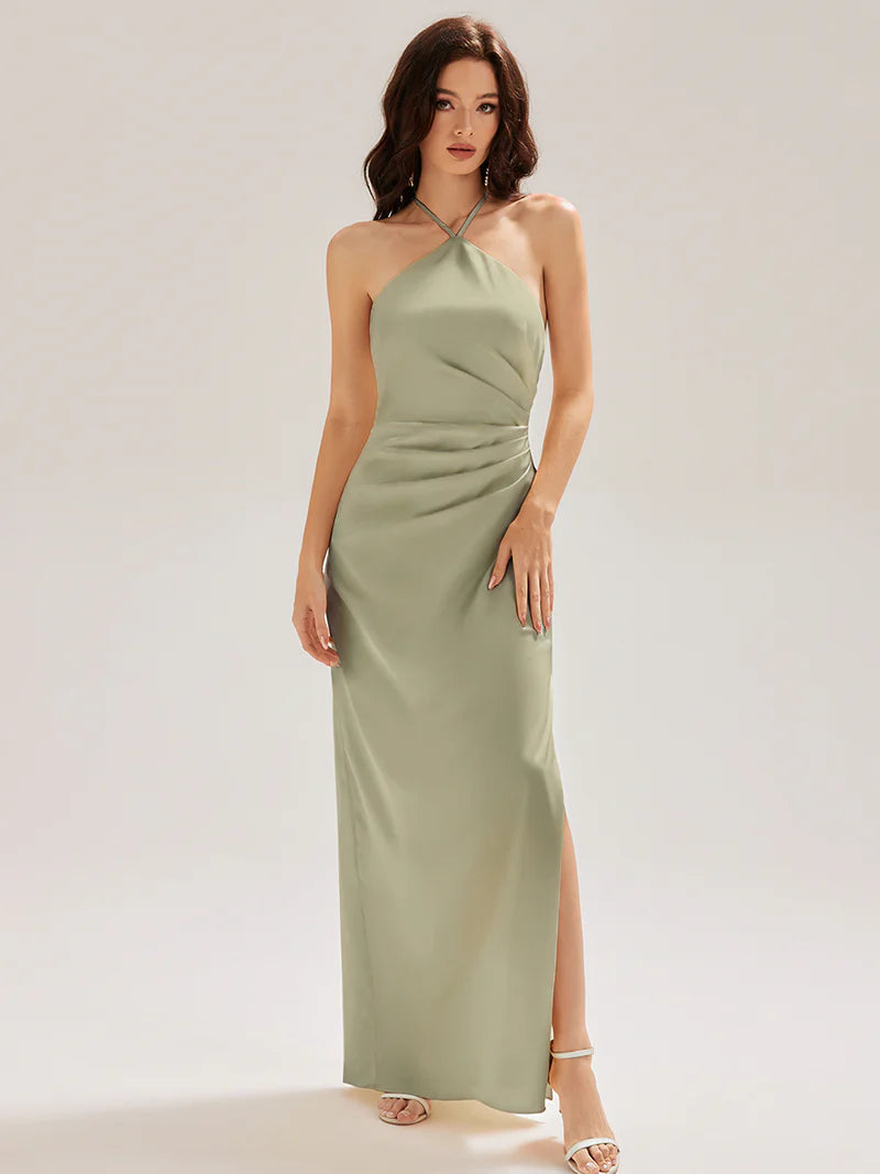 green halter neck satin dress Green Halter Neck Open Back Satin Gown With Slit