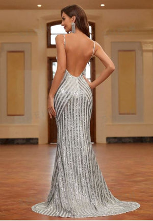 Sparkly Striped High Slit Evening Dress