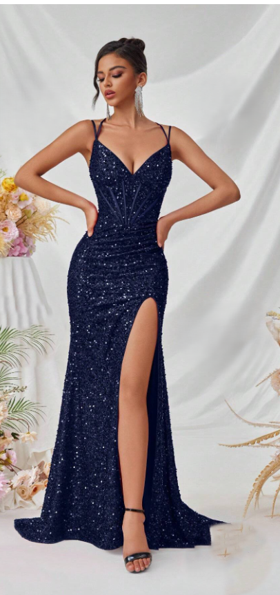 slim fit dress slacks [Final Sale] Sapphire Blue Sheer Sleeve A-Line Floor Length Sequin Formal  Dress For Brides