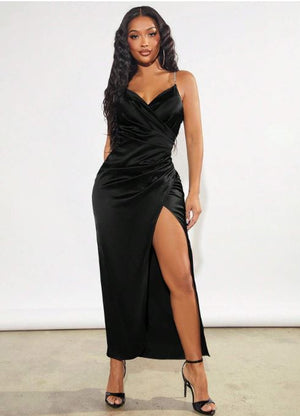 Ruched Split Thigh Satin Cami Dress with Dimante strap