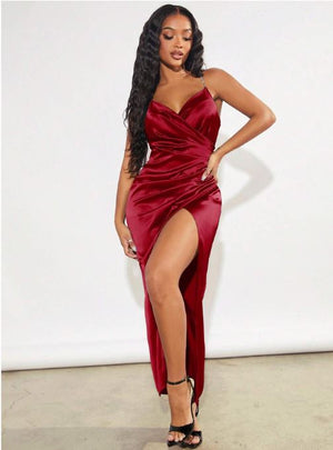 Ruby Ruched Split Thigh Satin Cami Dress with Dimante strap